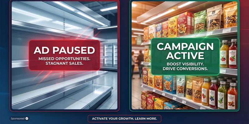 Side-by-side comparison: an empty shelf labelled "Ad paused" against a full shelf labelled "Campaign active"
